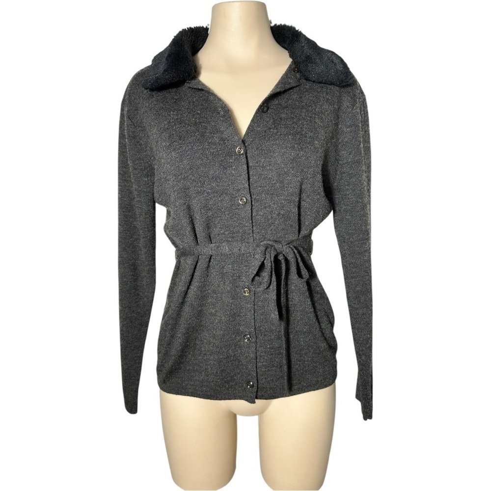 Charcoal Button-Down Cardigan with Belt and Removable Faux Fur Collar